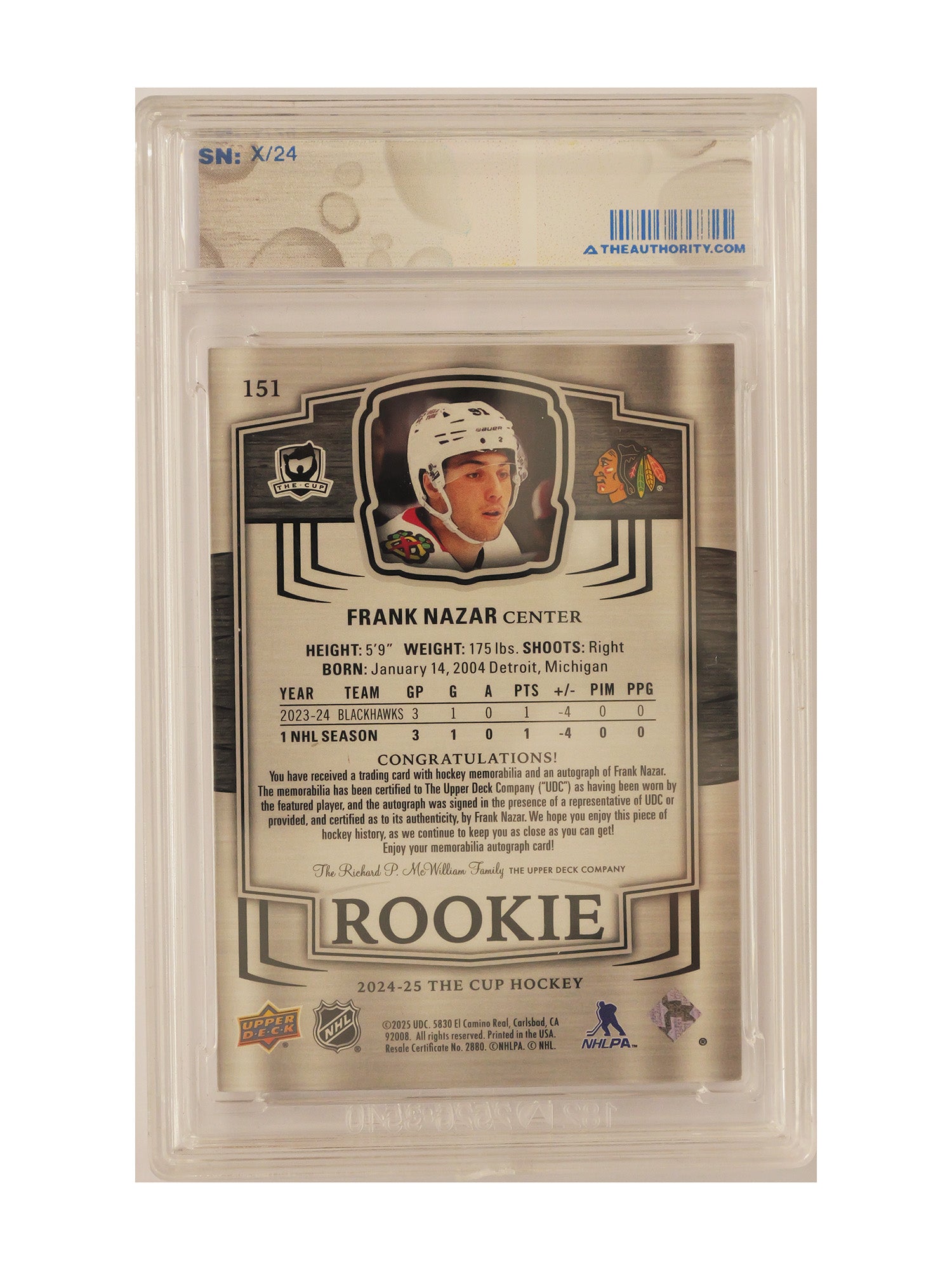 Frank Nazar 2024–25 Upper Deck The Cup Gold Foil Rookie Auto Patch #151 /24